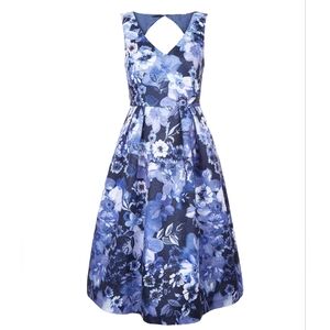 Monsoon London Navy Blue Floral Midi Tea Length Dress, Size 12